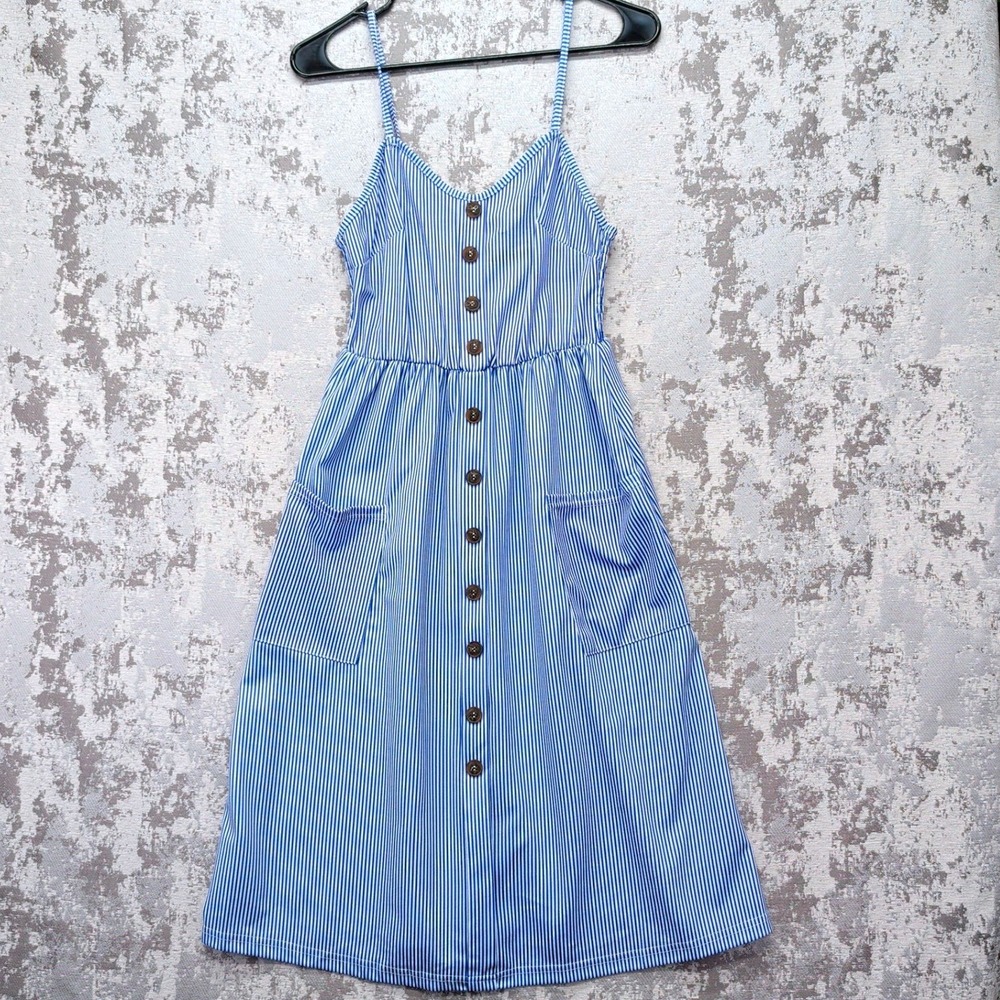 Angashion Womens Blue White Striped Button Front Midi Dress Pockets Small NWT